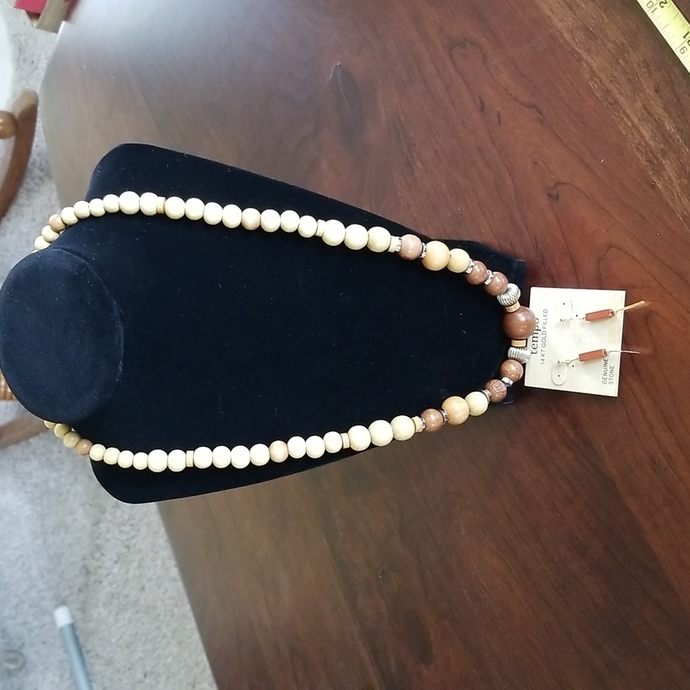 Wooden Beaded Necklace and  14kt GoldFilled Earrings